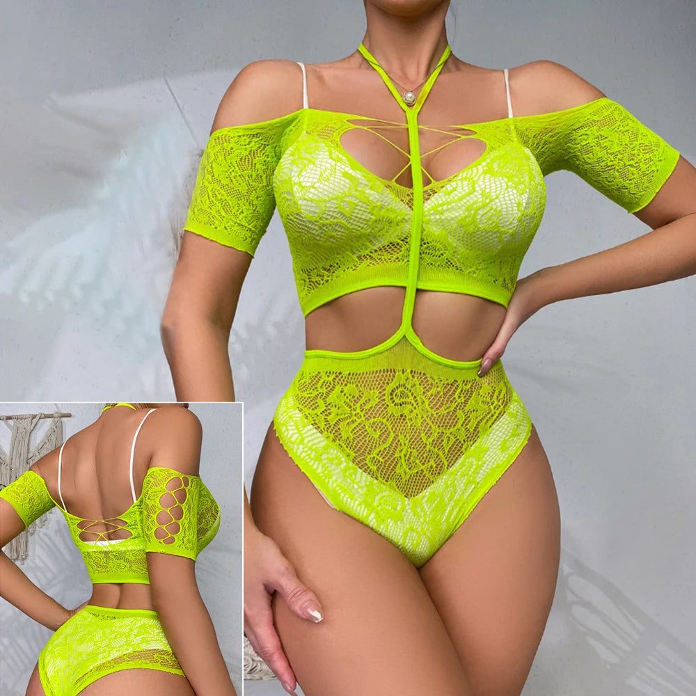 Black Lace Bodysuit Tops For Women Off-Shoulder Hollow Out Mesh Sheer Body Top Female Hot Backless Nightclub Lingerie Top