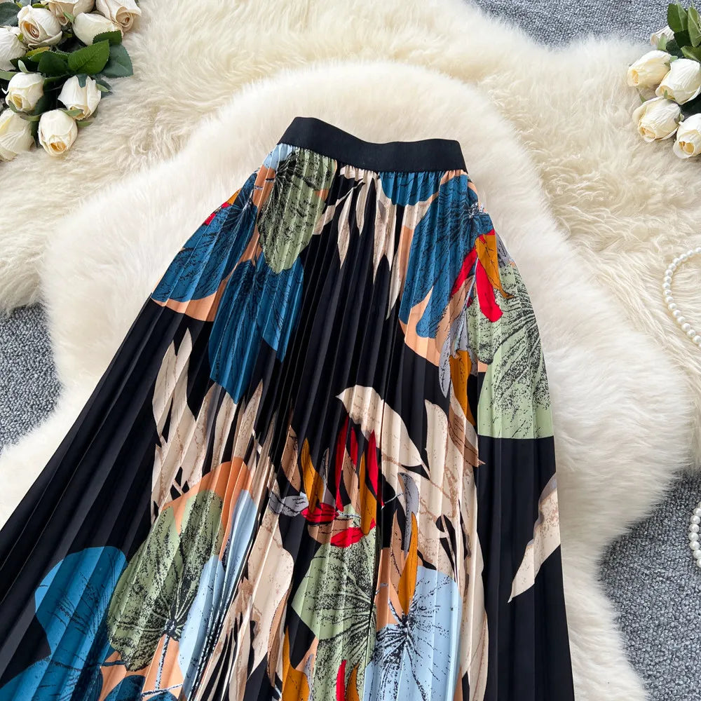 2026 New Summer Women Temperament Vintage All-match Skirt High Waist Printing Medium Length A-line Pleated Big Skirt Skirt