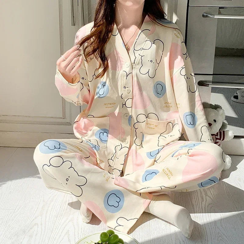 Elizabeth Duck Japanese Kimono Autumn Winter Women Pajamas Sets Faux Cotton Long Sleeves Homesuits Casual V-neck Lapel Sleepwear