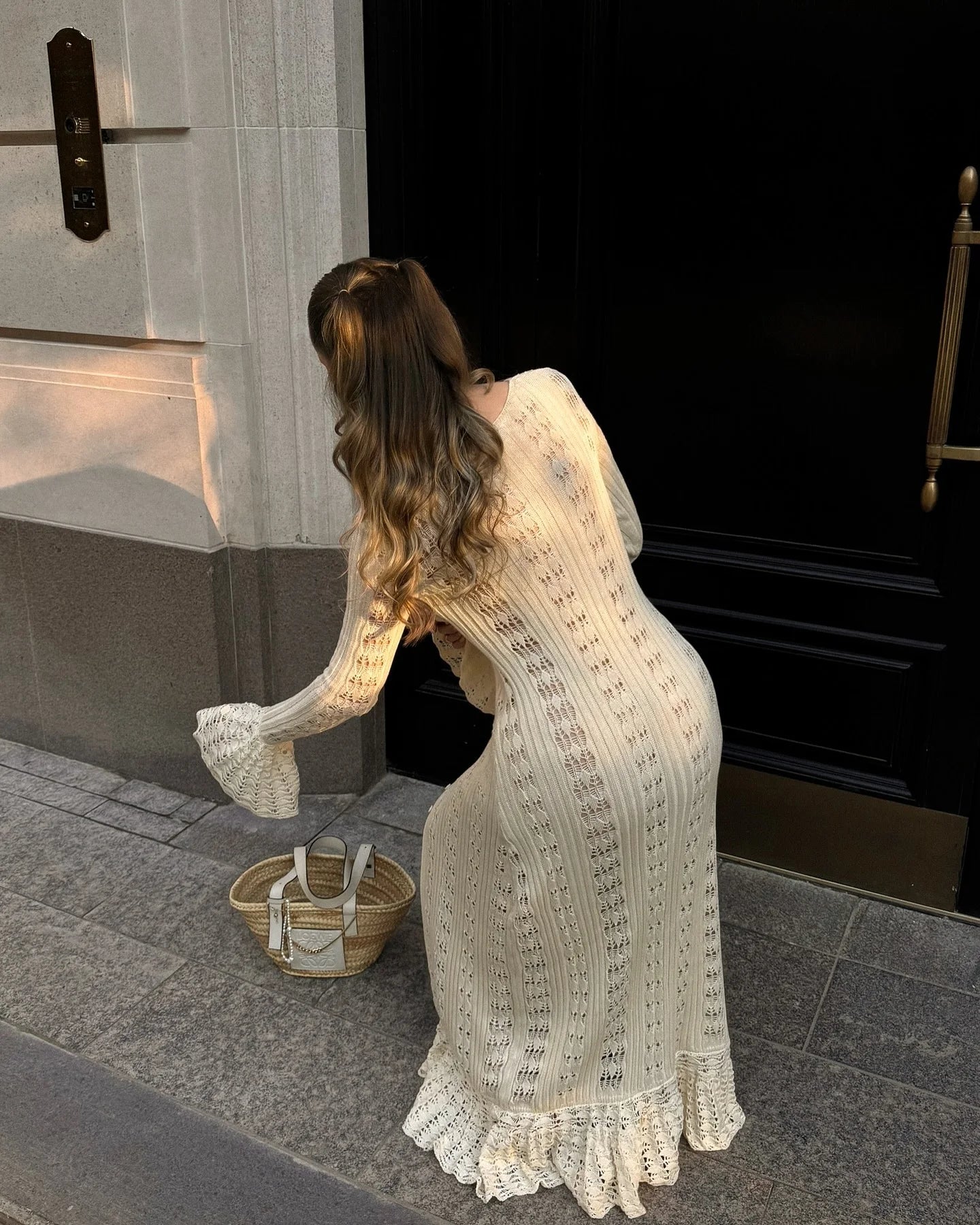 Combhasaki Women Y2K Chic Flare Long Sleeve Aesthetic Button-down V-Neck Ruffle Hem Hollow Out Knitted Long Dress Boho Beachwear