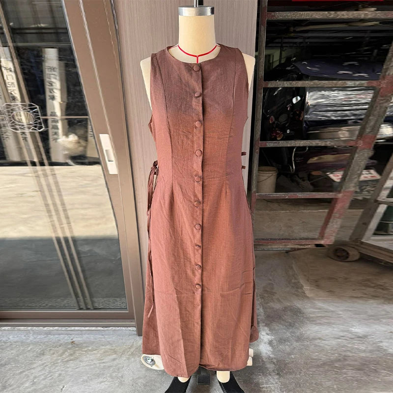 Elegant Hallow Out Long Dress Women Lantern Sleeve Deep V-neck Single Breasted Loose Dresses 2025 Fashion Solid Office Robe Lady