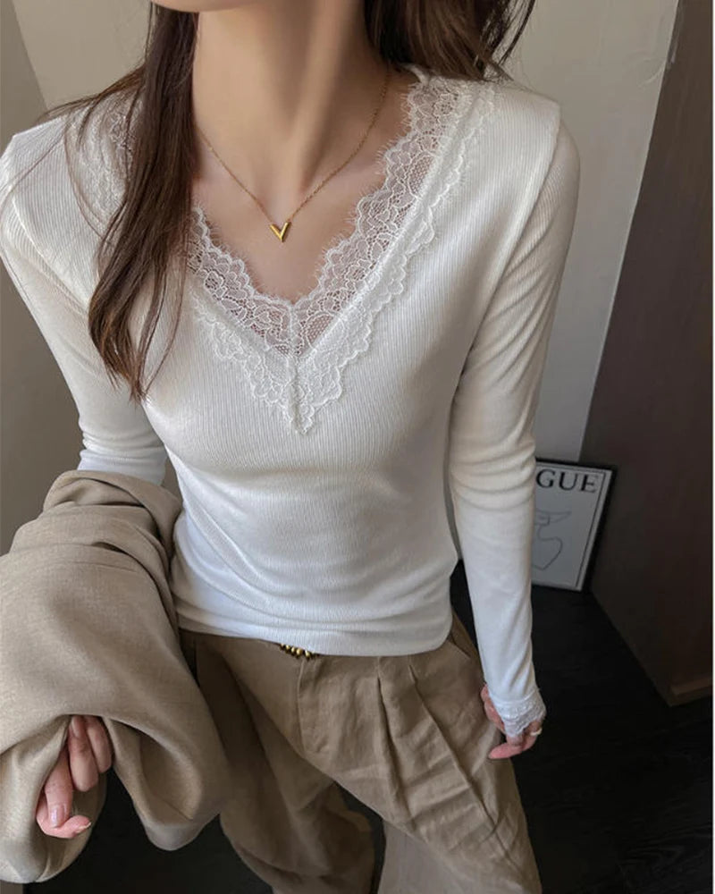 Sexy V-Neck Long Sleeve T-Shirt Women Fashion Lace Patchwork Solid Color Bottoming Shirt Spring Autumn Stretch Slimming Base Tee