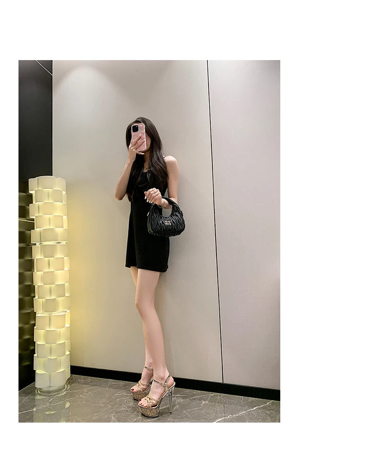 2024 New Women Narrow Band Sandals Transparent Platform High Heels Summer 15CM Stiletto Heels Silvery Sequin Wedding Dress Shoes