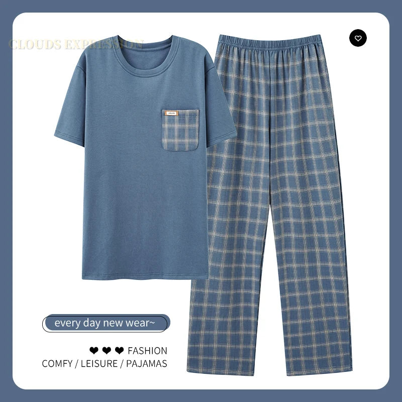 L-5XL Summer Elegant Men Pyjamas Knited Cotton Pajamas Set Long Pant Sleepwear Pyjamas Night Suits Pijamas Plus Size Homewear PJ