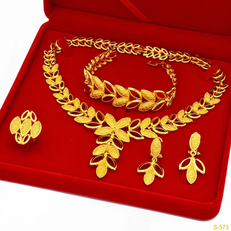 Italian Bridal Gold Plated Jewelry Set For Women African Indian 24K Gold Color Leaf Pendant Necklace Earring Set Dubai