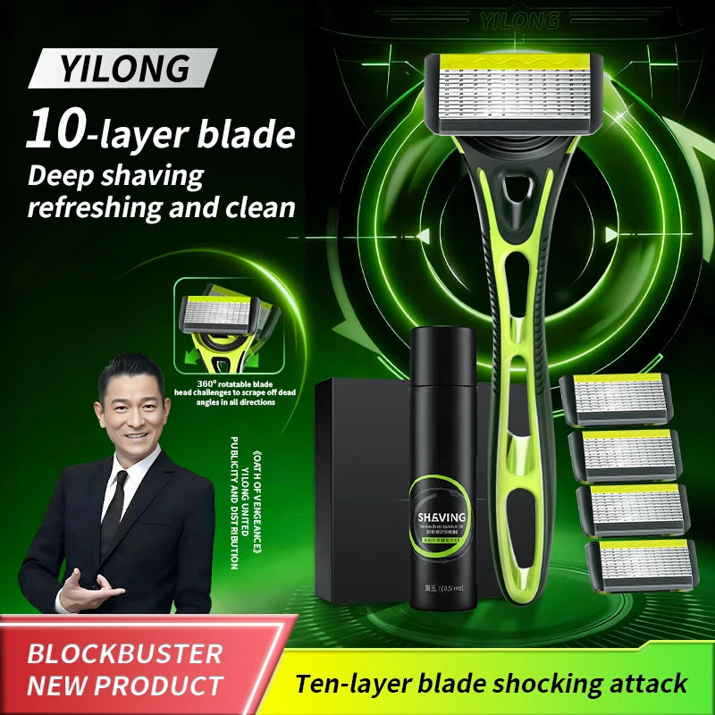 10 Layer Shaver Razor (1 Razor Holder + 4 Blades Head)Cassette Shaving Razor Set Green Body Face Hair Removal Knife for Gift Men