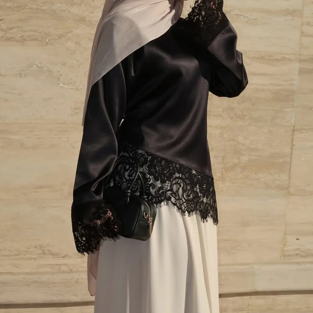 Belted Waist Lace Patchwork Top Flare Sleeve Solid Color Lace-up Top Asymmetrical Design Irregular Hemline Satin Blouse Spring