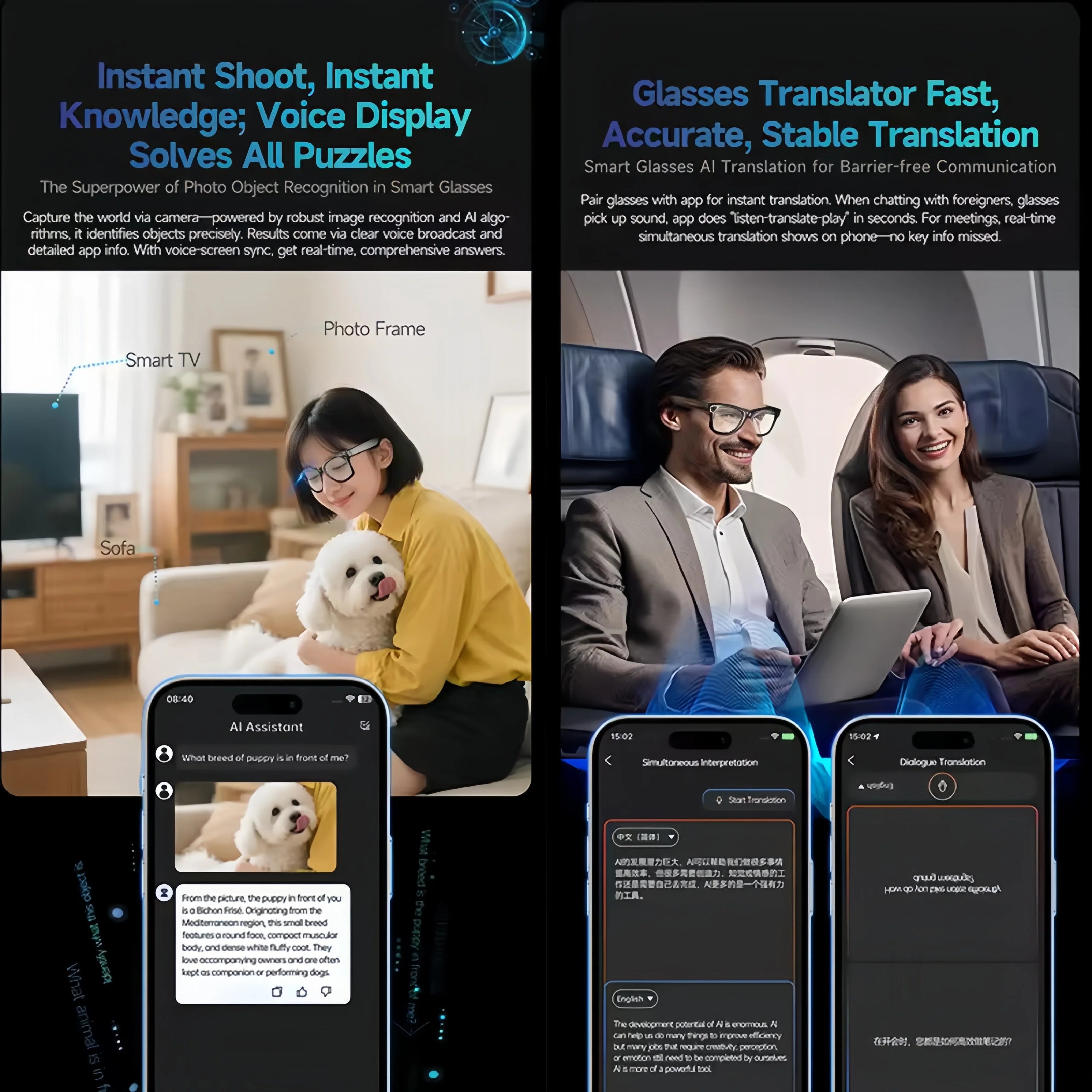 AI Smart Glasses with Camera 4K HD Video and PhotoCapture Real-TimeTranslation Voice Recording Open-Ear Audio Object Recognition