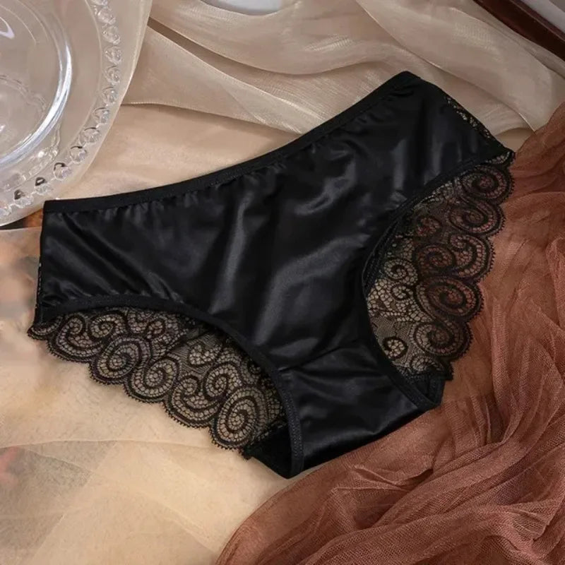 Women's Panties Silk Satin Underwear Lace Sexy Lingerie Breathable Mid Waist Female Briefs Comfortable Panty Underpants