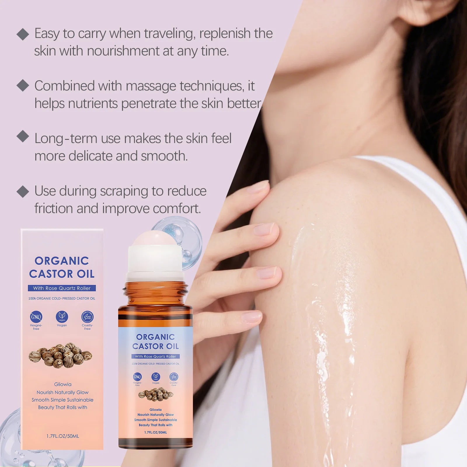 Organic Castor Oil Rose Quartz Roller Ball Moisturizing Skin Barrier Deep Repair Soothing Skin Cold-Pressed Natural Castor Oil