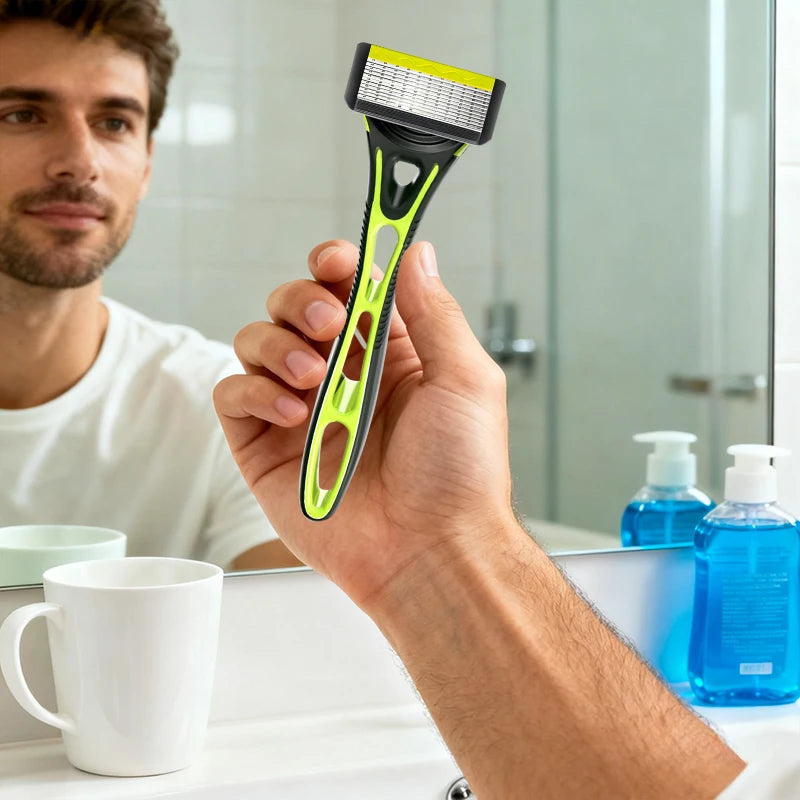 10 Layer Shaver Razor (1 Razor Holder + 4 Blades Head)Cassette Shaving Razor Set Green Body Face Hair Removal Knife for Gift Men