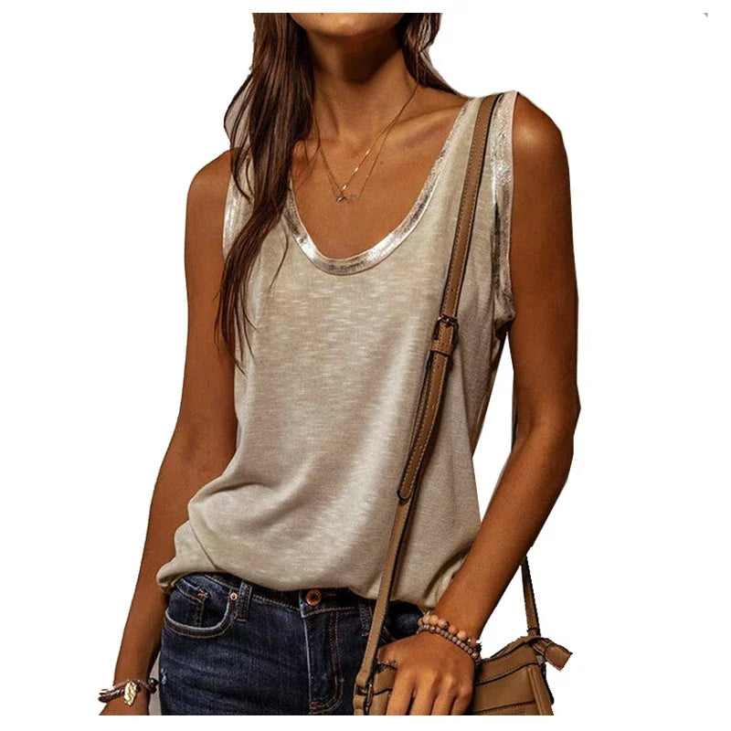New Summer Contrast Stitching Women Tank Tops O Neck Sleeveless Shirt Women's Top Elegant Clothes Summer Loose Tops Women 2024