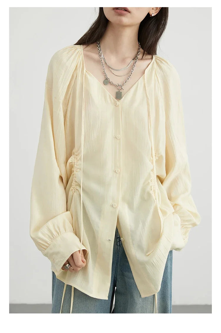 CHIC VEN Women Shirts Korean Loose Soild V-neck Long Sleeved Blouses Fashion Design Soft Lace Up Ladies Tops Summer New 2024