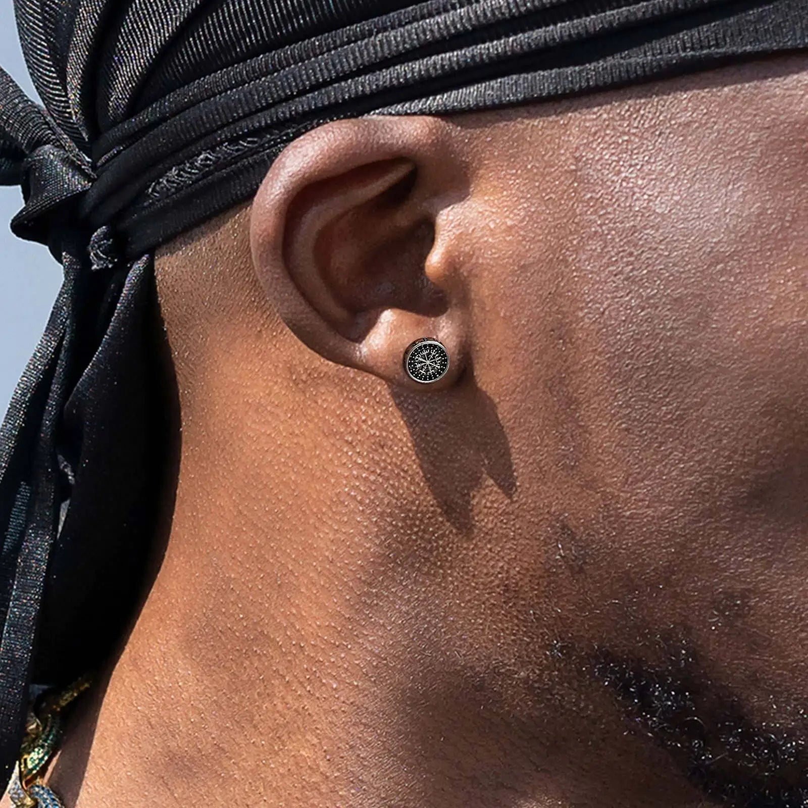 Vintage Viking Stud Earrings for Men Boys,Round Stainless Steel Compass Zircon Earring,Simple Jewelry Gift for Him