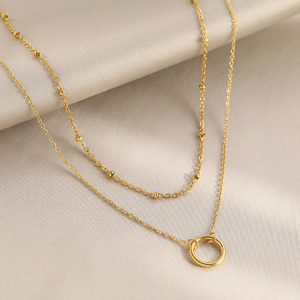 Stainless Steel Necklaces Trending Products Circle Pendant Bead Layer Chain Light Luxury Choker Fine Necklace For Women Jewelry