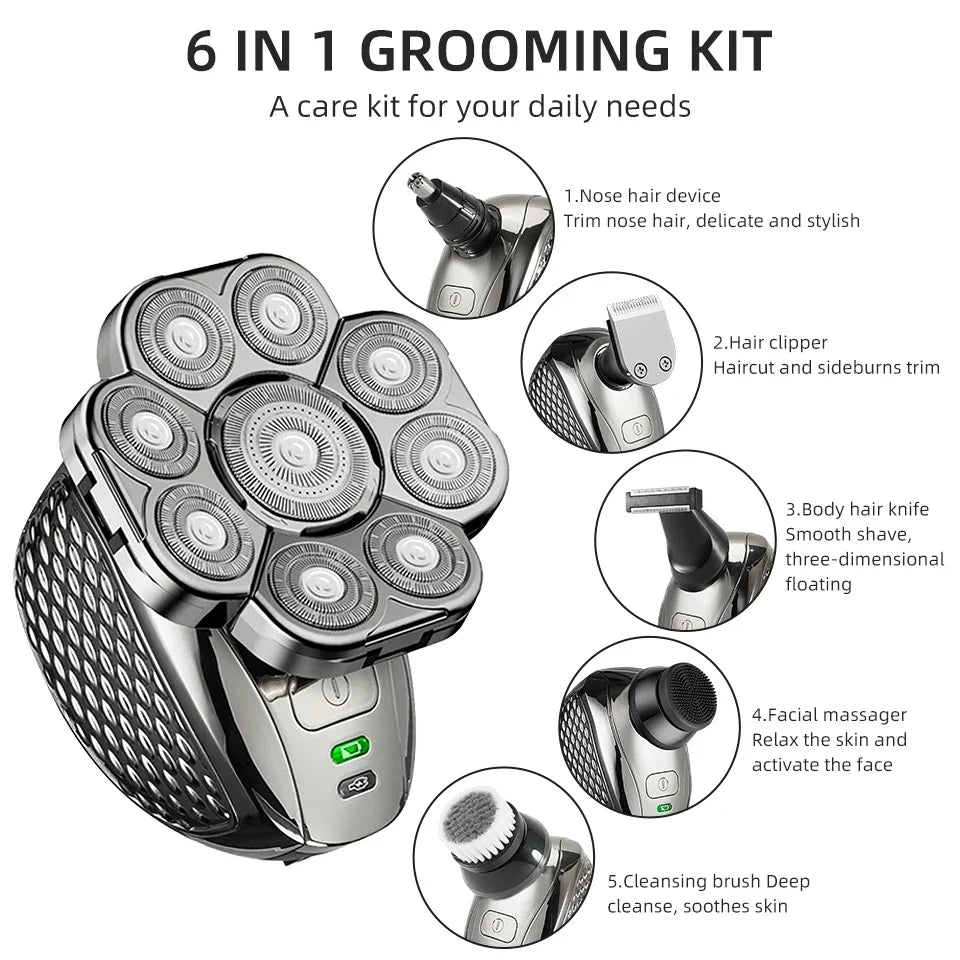 6 in 1 Professional men Waterproof electric shaver with 9 Cutter Floating Head, USB Rechargeable Multifunction Grooming Kit
