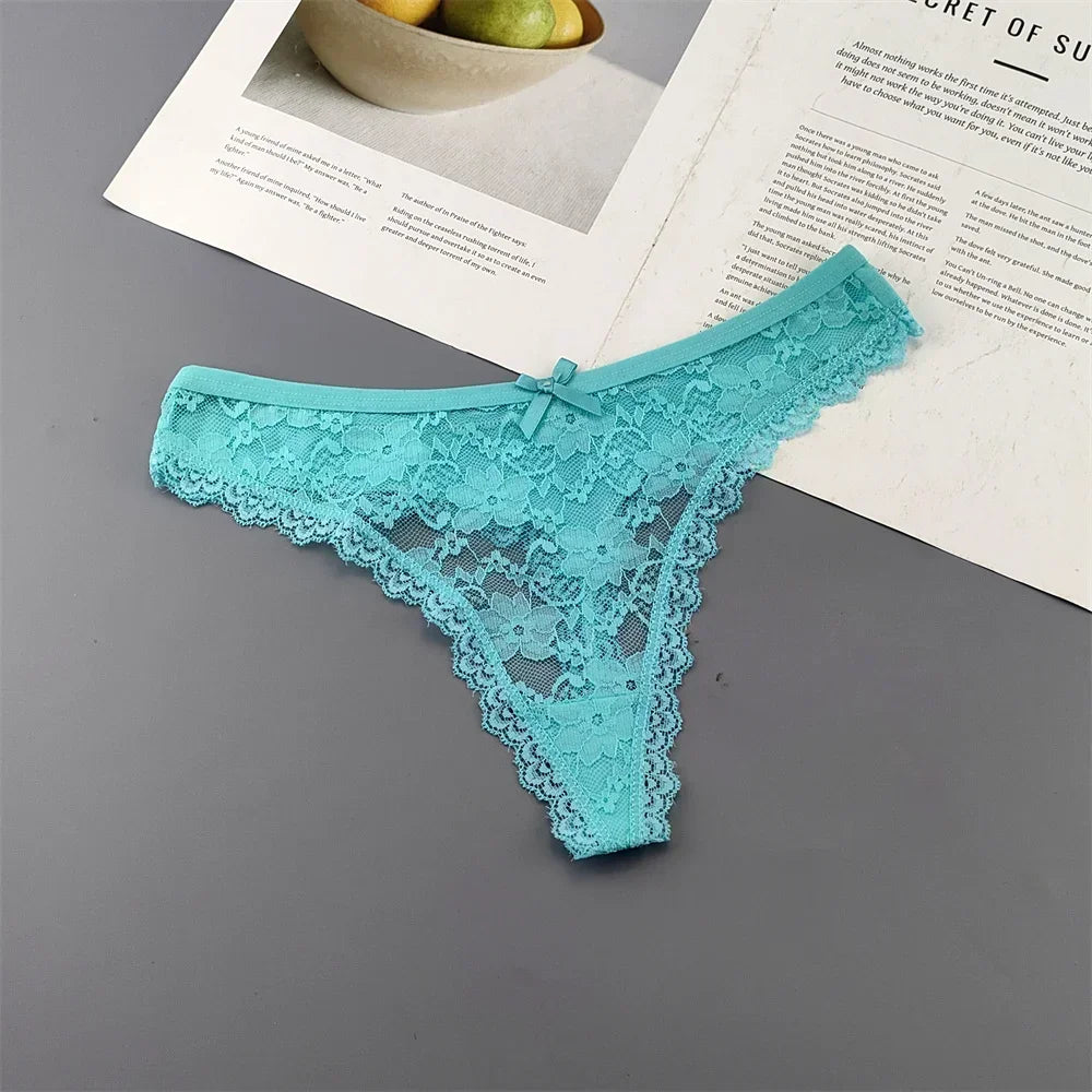 S M L XL XXL Plus Size Sexy Cozy Lace Cotton Thongs Underwear Lingerie for Women Seamless T-back Ladies Transparent G-string 3PC