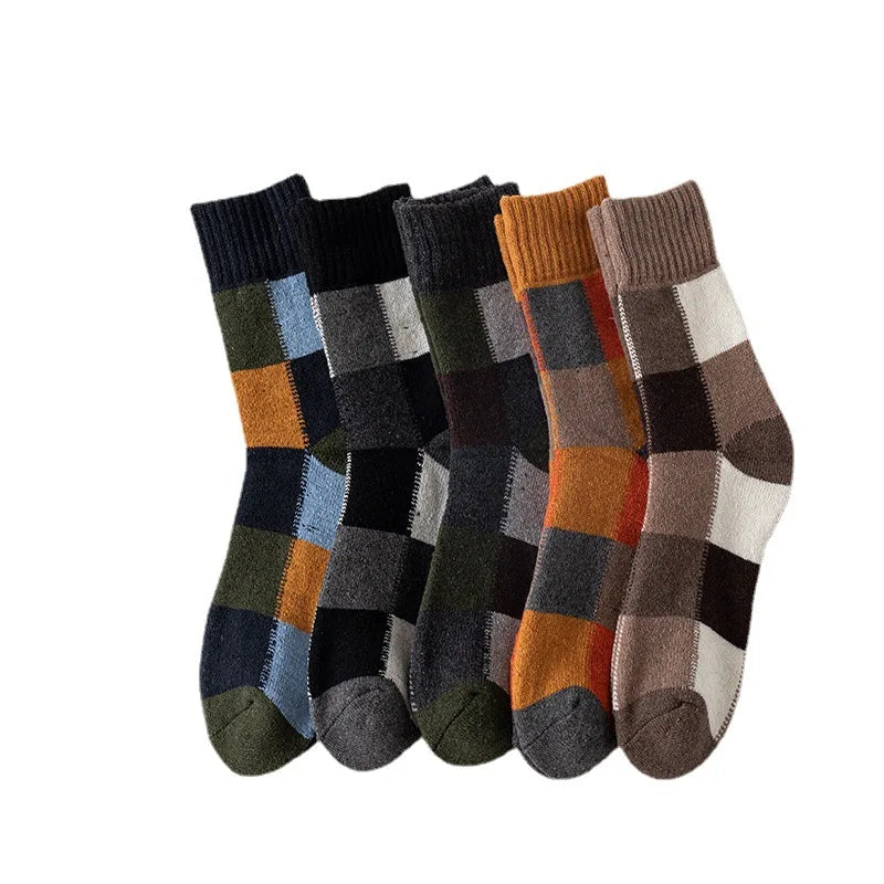 5 Pairs Autumn and Winter New Product Checkered Looped Thick Warm Men's Socks Checkered Niche Trend Personalized Mid Tube Socks
