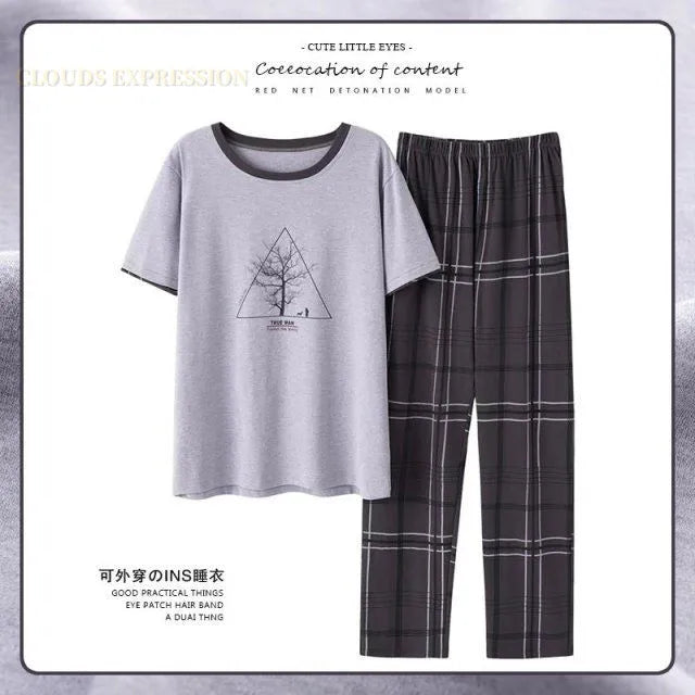 L-5XL Summer Elegant Men Pyjamas Knited Cotton Pajamas Set Long Pant Sleepwear Pyjamas Night Suits Pijamas Plus Size Homewear PJ