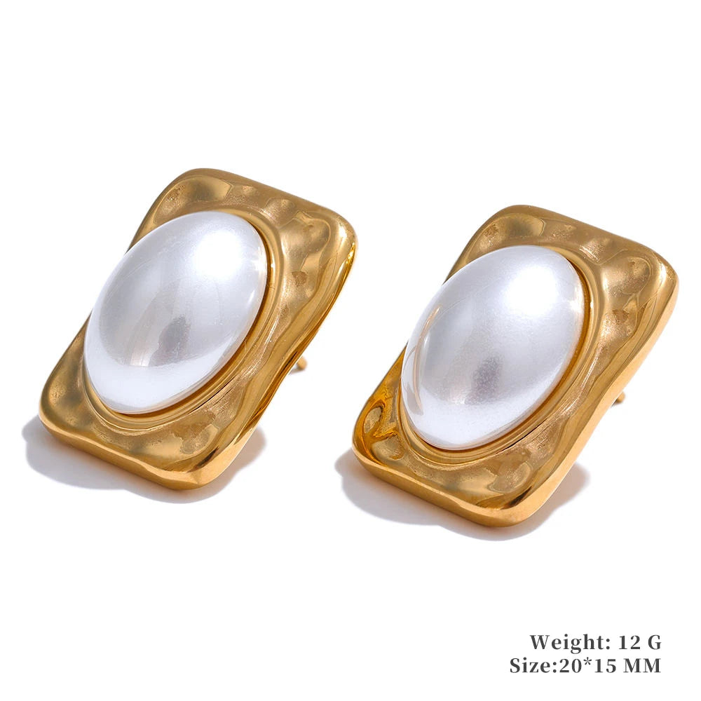 Yhpup Trending Stainless Steel Imitation Pearls Round Square Stud Earrings Korean Daily Versatile Vintage Chic Fashion Jewelry