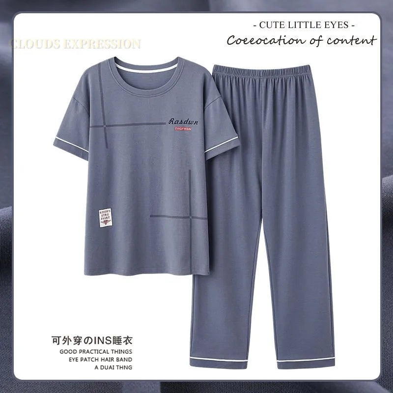 L-5XL Summer Elegant Men Pyjamas Knited Cotton Pajamas Set Long Pant Sleepwear Pyjamas Night Suits Pijamas Plus Size Homewear PJ