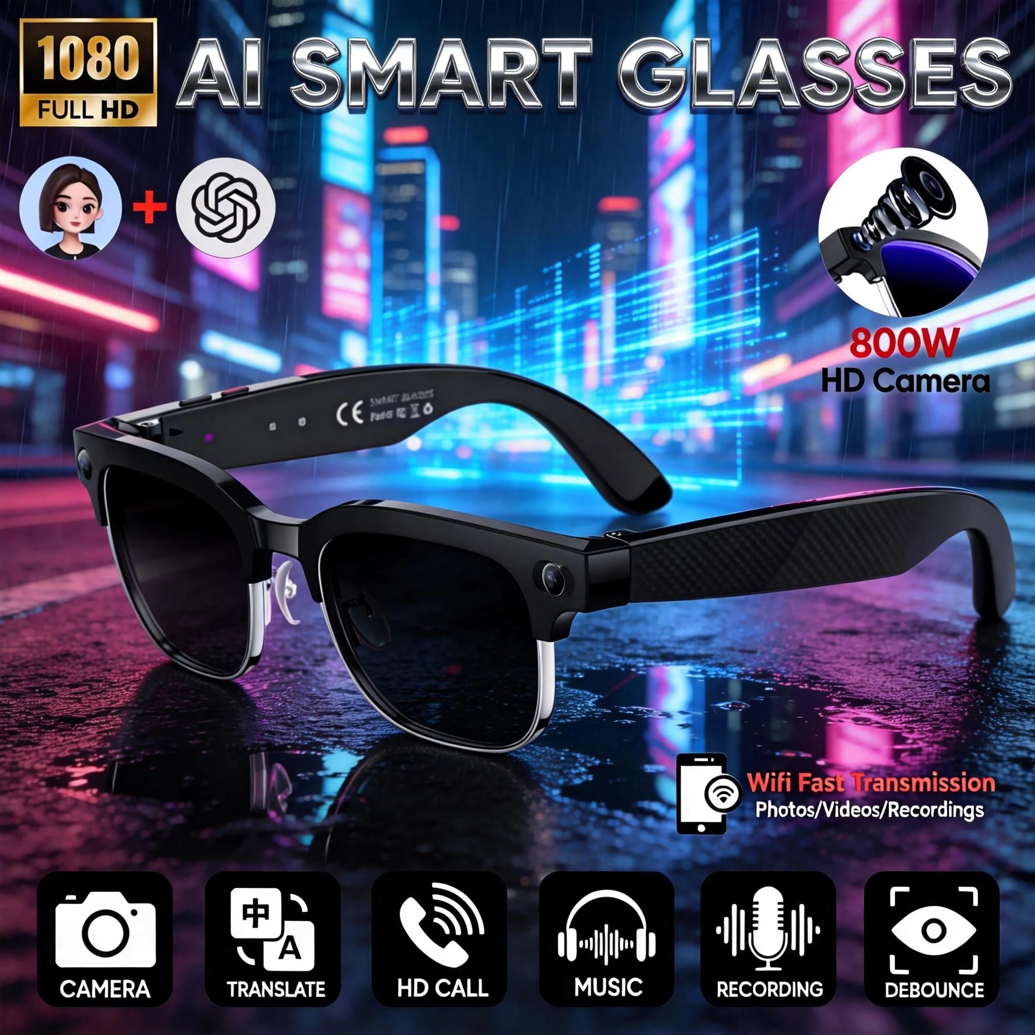 New HOT Business Smart Glasses Men 800W 4K HD Camera 1080P Shooting Action Capture AI Chat Call Waterproof Windproof Sunglasses
