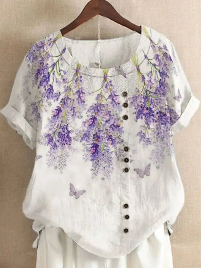 2025 Summer retro fashion printed loose casual shirt top, suitable for casual or vacation ladies' beachwear