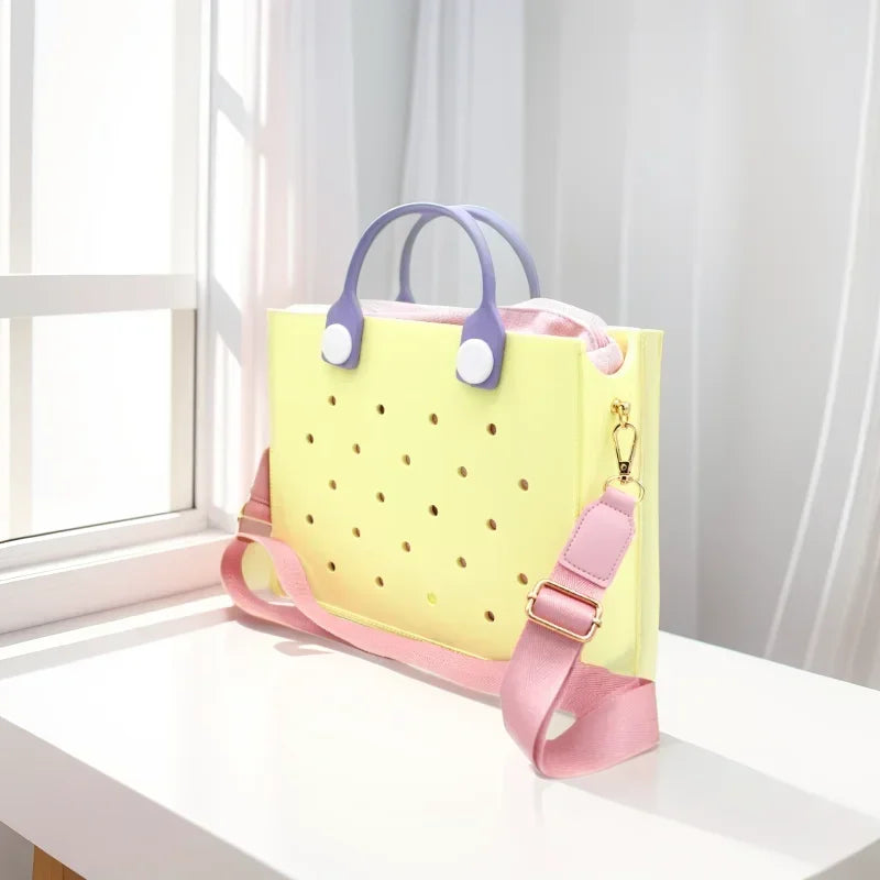 Fashion Storage EVA Large Leather Shoulder Bag Beach Tote Travel Handbag Storage for Women Casual Waterproof Bag Hole Fit Charms