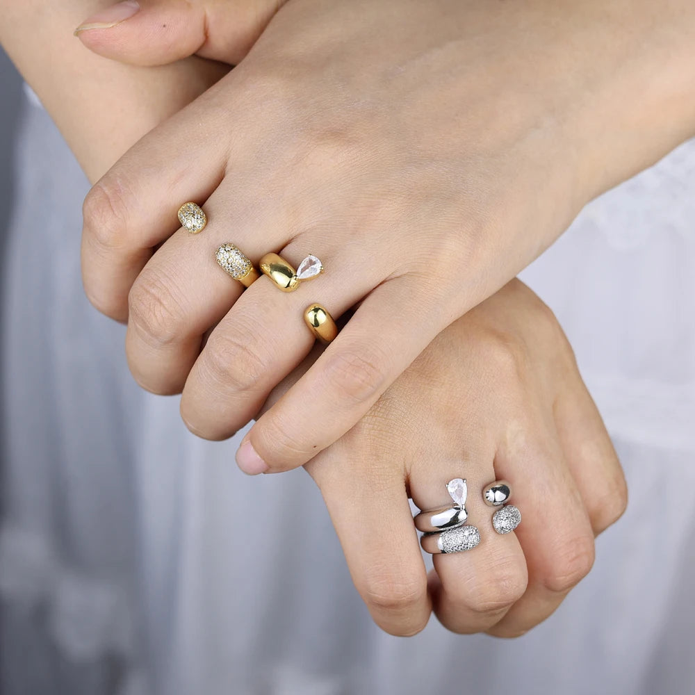 2026 New Arrivals Stacking Open Finger Rings Pave Bling Water Drop Cubic Zirconia For Women Fashion Geometric Jewelry