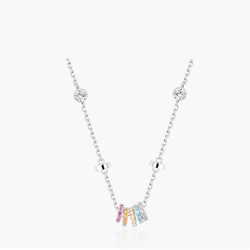 New 925 Sterling Silver Girls Handmade Round Colored Circled Choker Zircon Stone Necklace Simple Shaped Pendant Women's Wedding