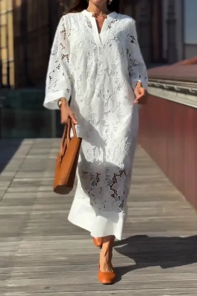 Women's Elegant Fashion Lace Dress White 2025 Spring Summer New Loose V-neck Seven-Point Sleeve Hollowed out Dresses Office Lady