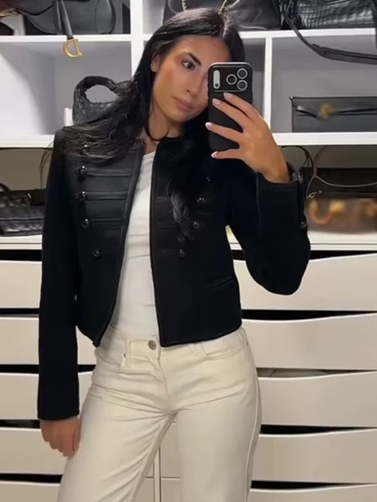 Elegant O-neck Long Sleeve Double Breasted Coats Fashion Black Cropped Jacket For Women 2026 Spring Chic Lady Outerwear Street