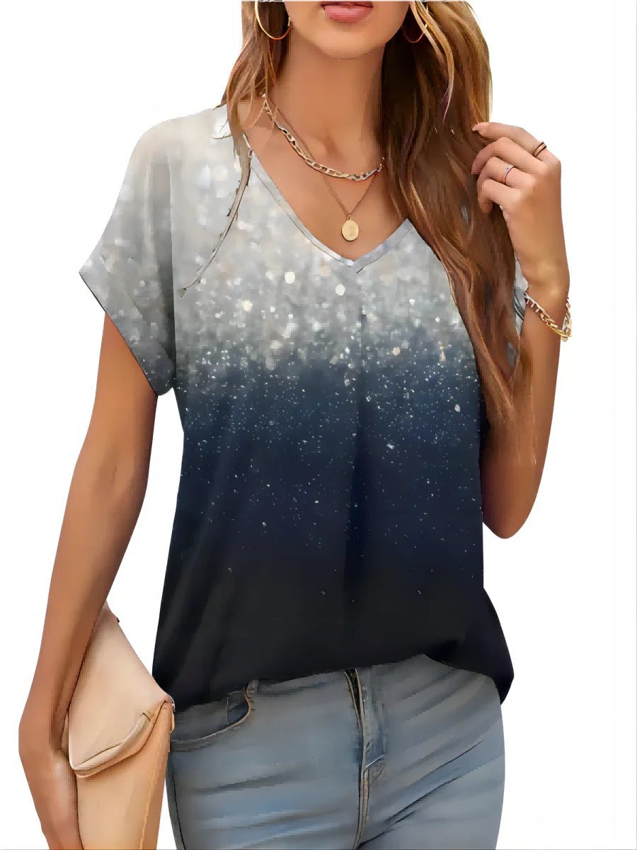 2026 New Summer Women T-shirt 3d Fashion Print Gradient Harajuku T Shirt Oversized Tee For Ladies Clothing New Short Sleeve V-Ne