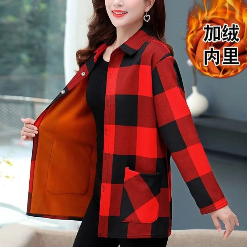 Women's Autumn Winter Long Sleeve Plaid Plus Velvet Shirt Fashion Thick Versatile Elegant Tops Patchwork Pockets Female Clothes