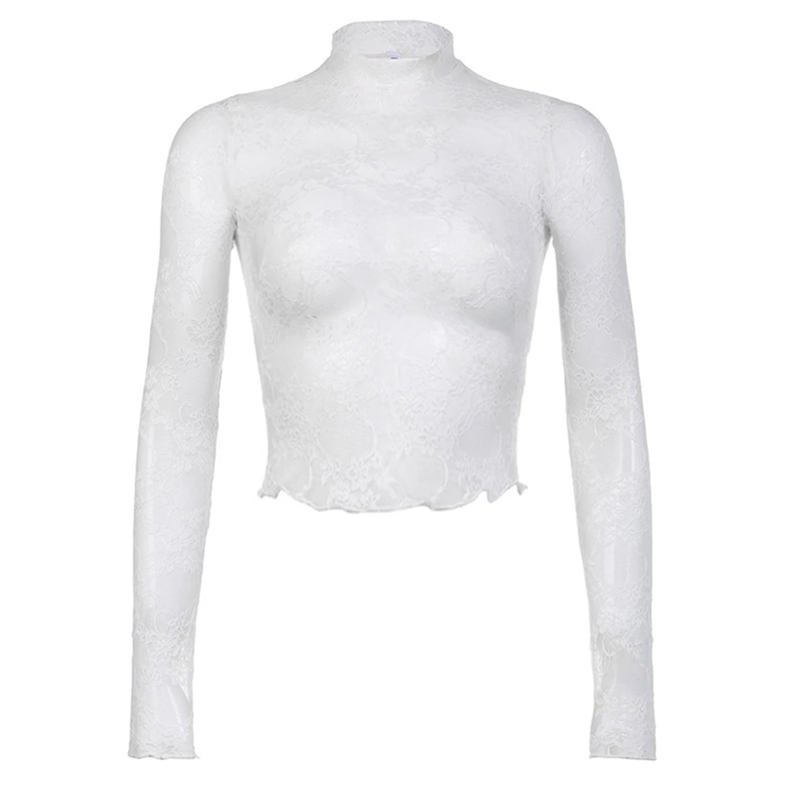 Women's Lace Mesh Crop Tops Long Sleeve Floral Sheer Blouse Sexy Shirt High Neck See-Through Slim Fit Tee Shirts Clubwear