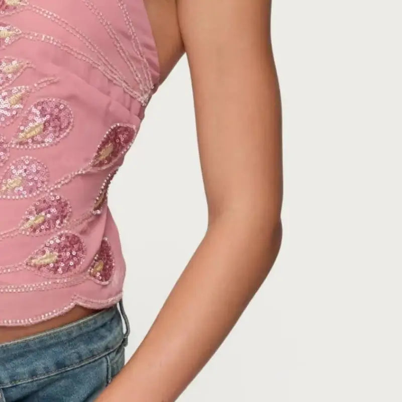 Lamuusaa y2k Women Sequin Tops Summer Clothes Sleeveless Tie Backless Halter Neck Cami Tops T Shirts 2000s Vest Club Streetwear