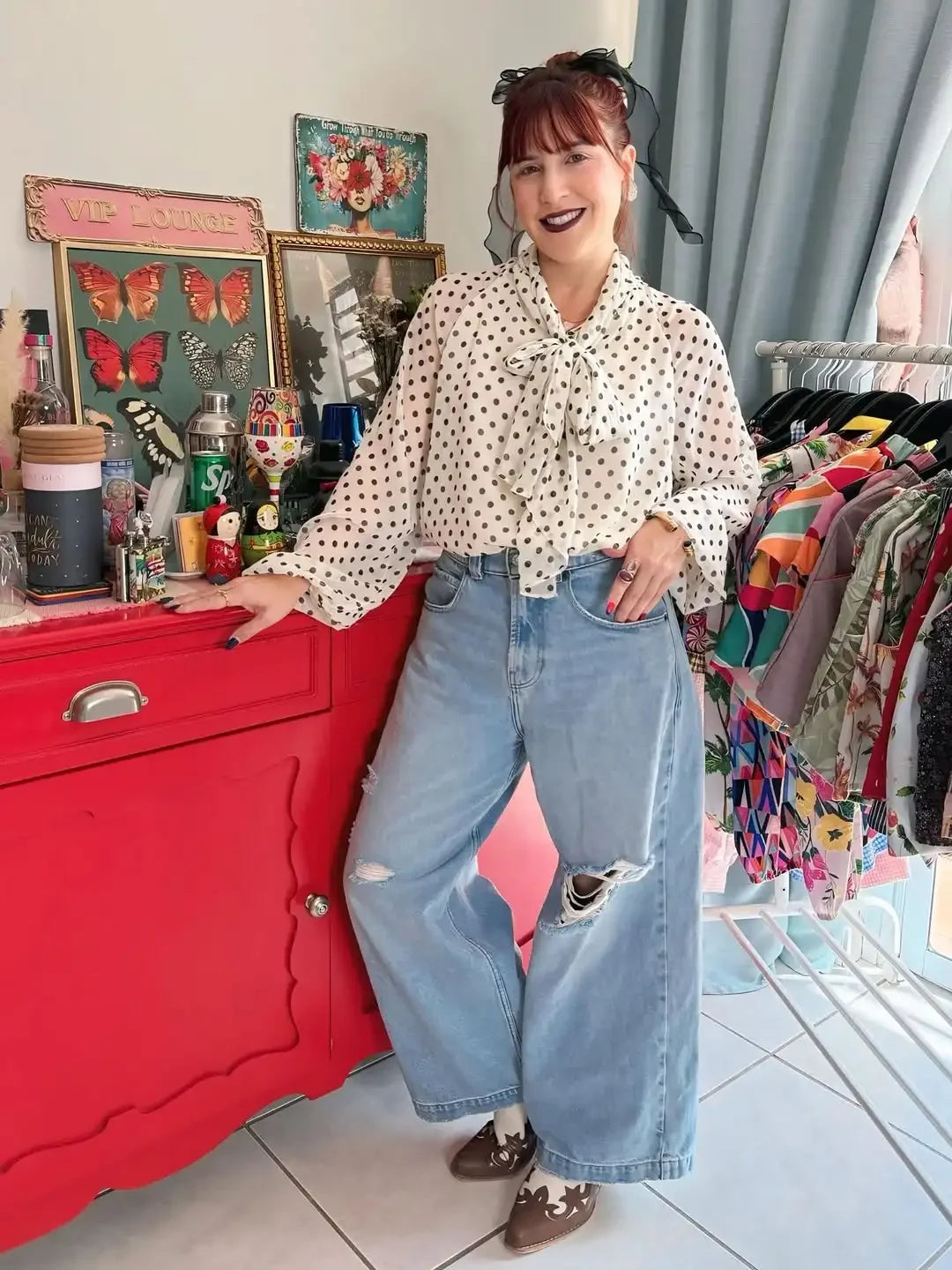 Polka Dot Lace Up Bow Shirt Women Casual Long Lantern Retro Sleeve Pleated Loose Blouse Lady 2026 Spring Commute Office Outwears