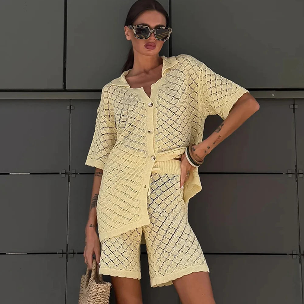 Tuularose Summer Knit Shorts Set New Knit Cardigan Top Casual Shorts Set Beach Vacation Bikini Cover Up Women Shorts Set Outfits