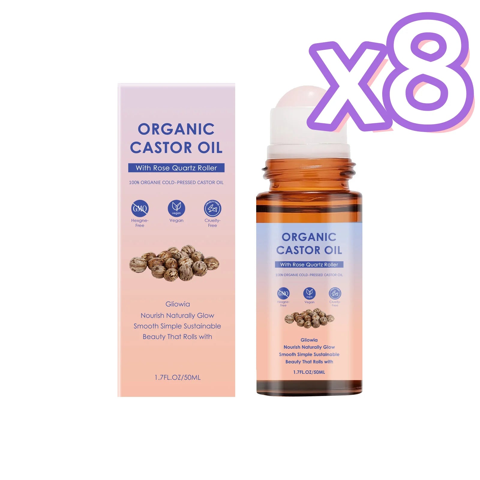 Organic Castor Oil Rose Quartz Roller Ball Moisturizing Skin Barrier Deep Repair Soothing Skin Cold-Pressed Natural Castor Oil