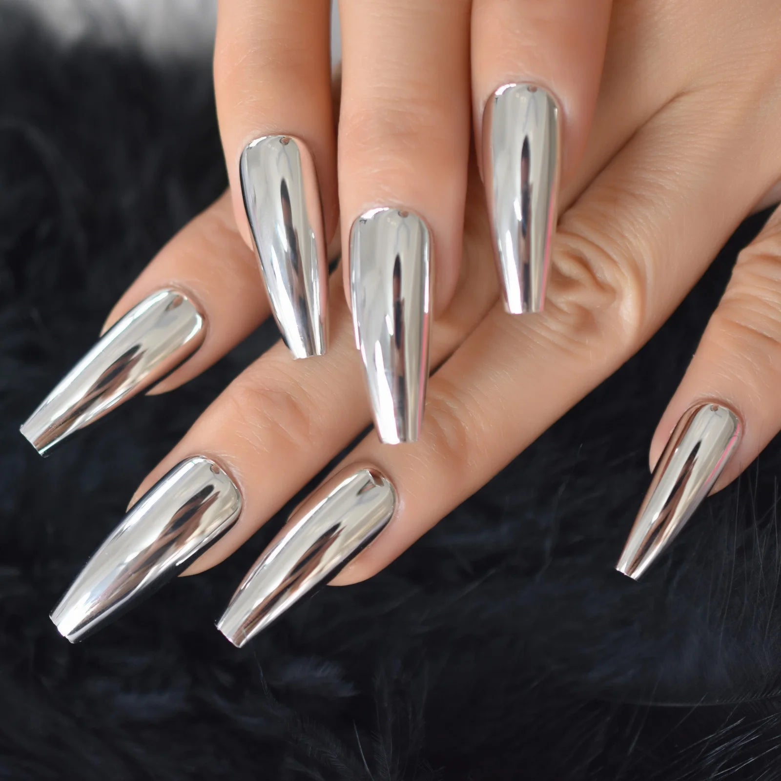 Shiny Punk Style Metallic Silver Coffin False Fake Nails Metal Plating Acrylic Reflective Mirror Press on Ballet Nail Art Tips