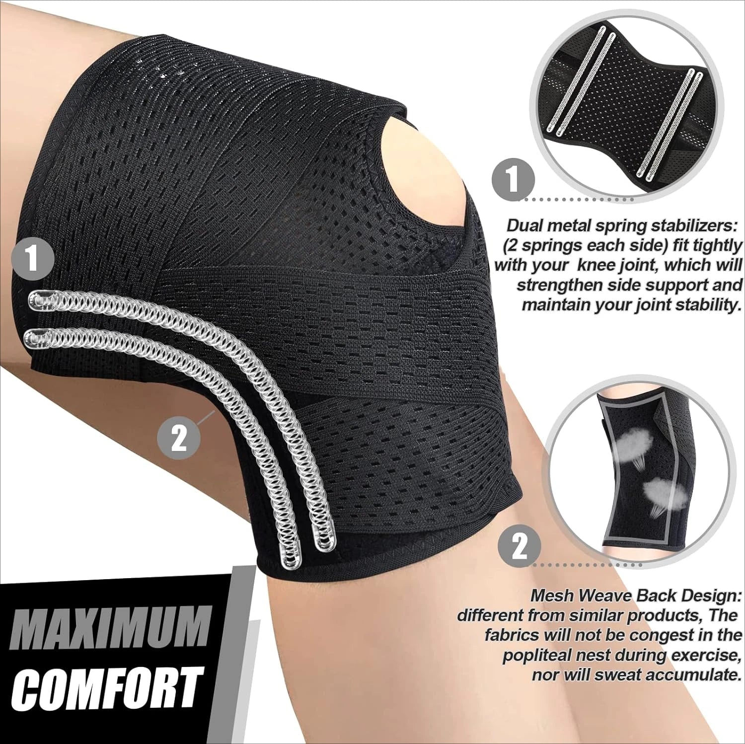 Knee Brace for Knee Pain - Compression Support with Air Mesh Fabric & Adjustable Side Stabilizers