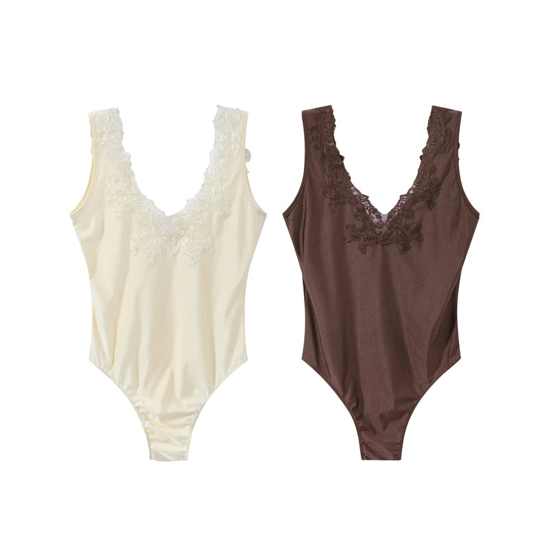 Sexy Lace Spliced Women's Jumpsuits Stain V-neck Sleeveless Slim Waist Cinching Jumpsuit 2026 Spring New Lady High Street Tops