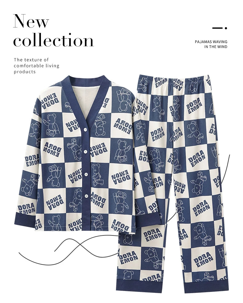 Elizabeth Duck Japanese Kimono Autumn Winter Women Pajamas Sets Faux Cotton Long Sleeves Homesuits Casual V-neck Lapel Sleepwear