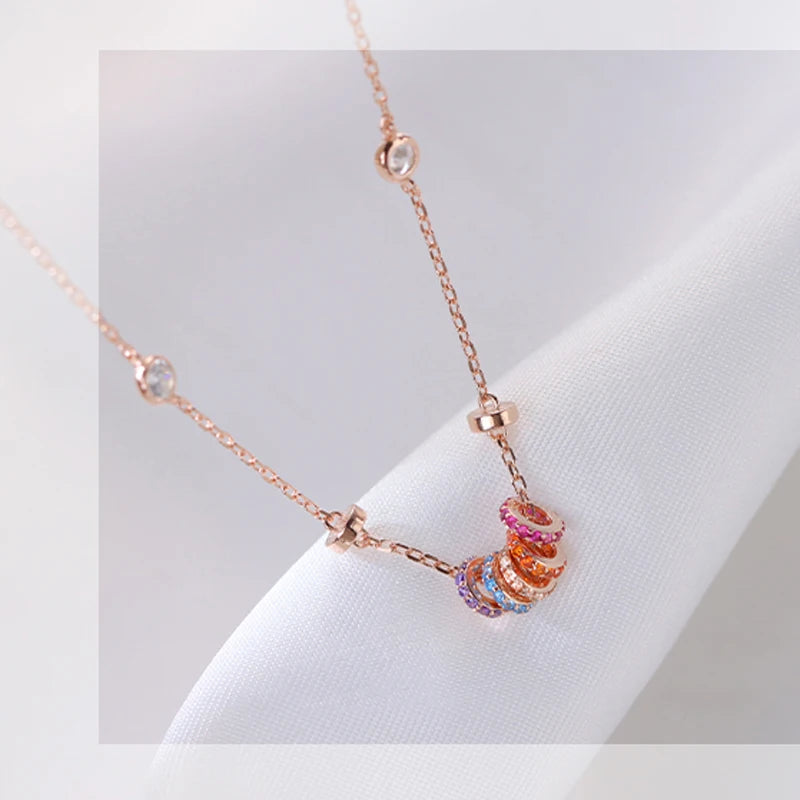 New 925 Sterling Silver Girls Handmade Round Colored Circled Choker Zircon Stone Necklace Simple Shaped Pendant Women's Wedding