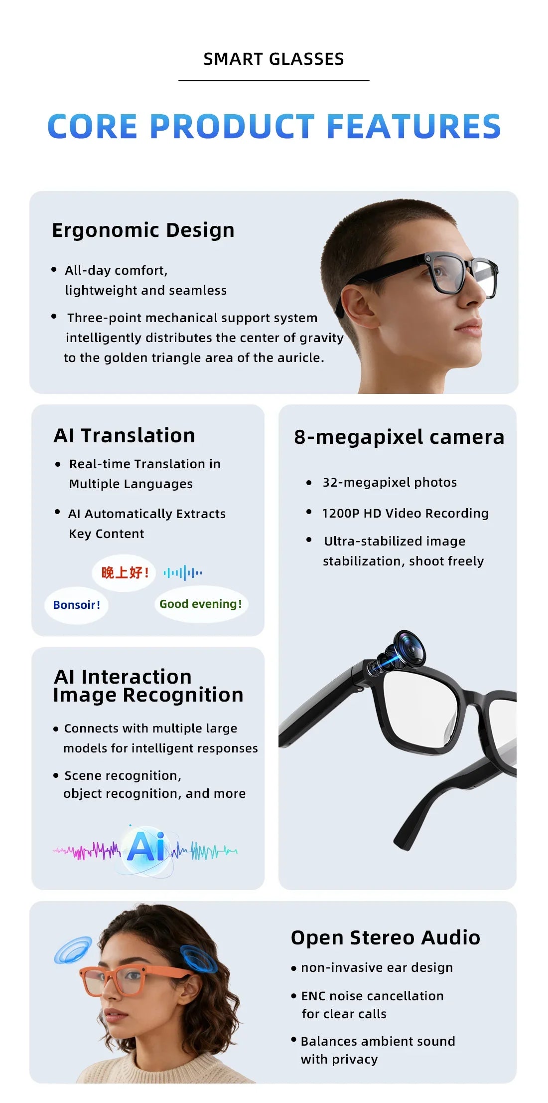 AI Smart Glasses 800W Camera Recording AI Photo Recognition BT Call Real Time Translation Voice Assistan Sunglasses Men Women