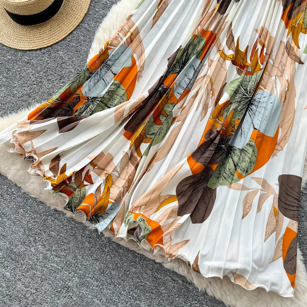 2026 New Summer Women Temperament Vintage All-match Skirt High Waist Printing Medium Length A-line Pleated Big Skirt Skirt