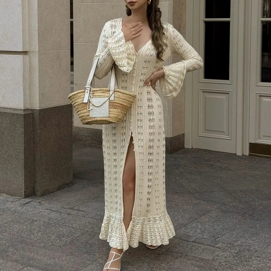 Combhasaki Women Y2K Chic Flare Long Sleeve Aesthetic Button-down V-Neck Ruffle Hem Hollow Out Knitted Long Dress Boho Beachwear