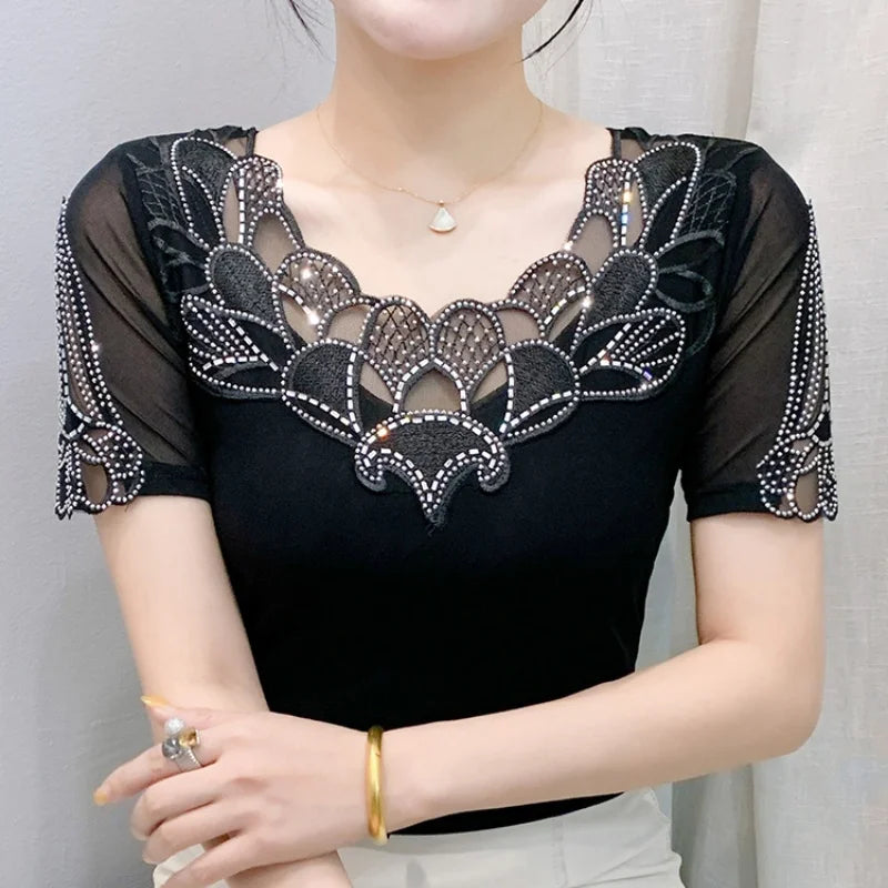 Fashion O-Collar Rhinestone Lace Patchwork Female Top Chic High Elasticity Soft Mesh Short Sleeve Temperament Women's T-Shirt
