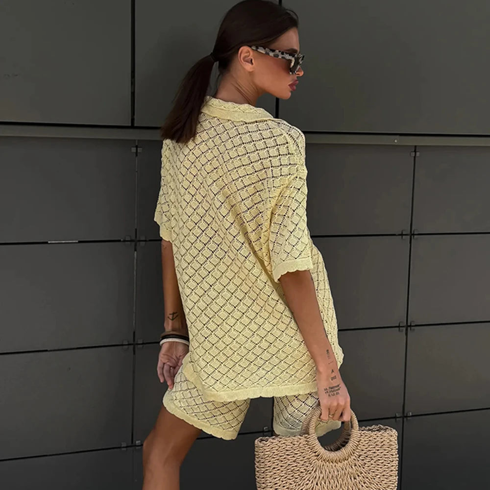 Tuularose Summer Knit Shorts Set New Knit Cardigan Top Casual Shorts Set Beach Vacation Bikini Cover Up Women Shorts Set Outfits