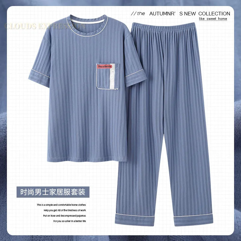 L-5XL Summer Elegant Men Pyjamas Knited Cotton Pajamas Set Long Pant Sleepwear Pyjamas Night Suits Pijamas Plus Size Homewear PJ